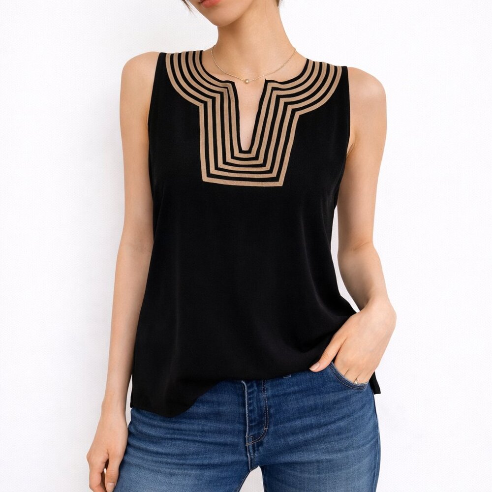 The Royal Standard Collection Black Sleeveless Tan Embroidered Top Size M